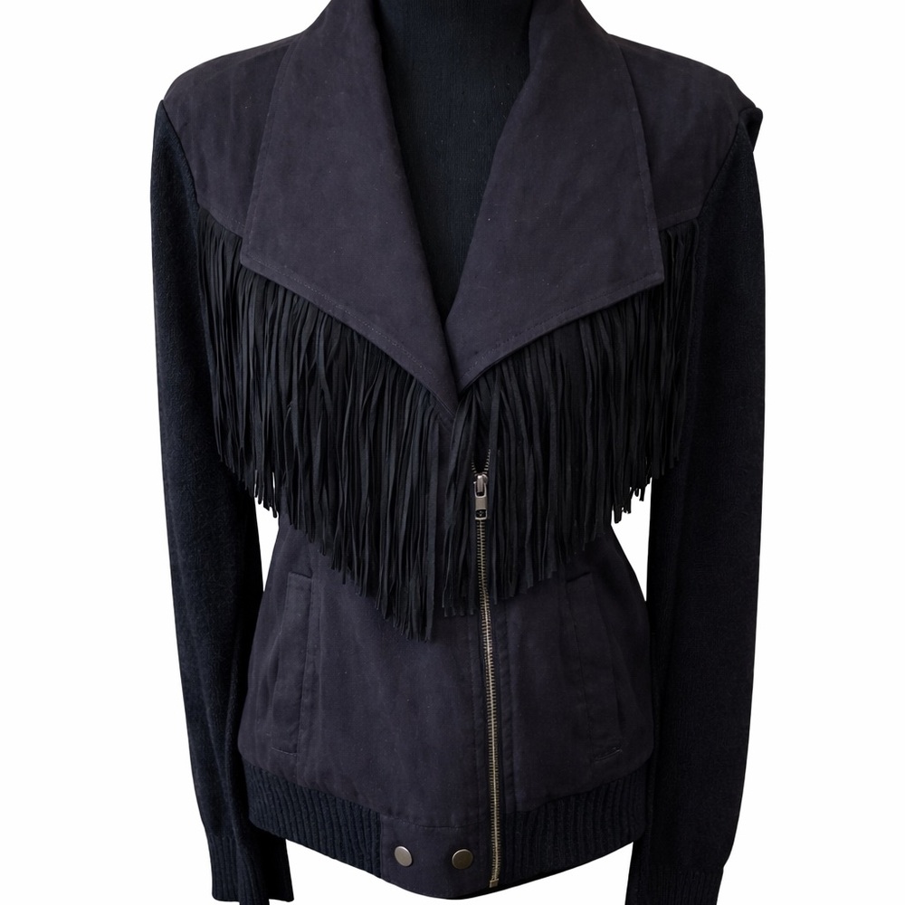 Ella Moss Black Fringe Boho Western Asymmetrical Zip Moto Jacket L